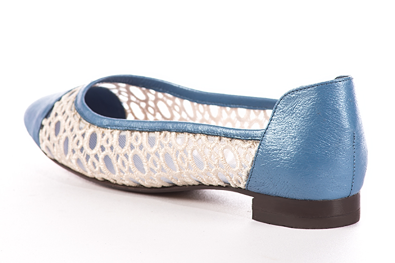 Prussian blue and champagne white women's ballet pumps, with low heels. Round toe. Flat leather soles. Rear view - Florence KOOIJMAN